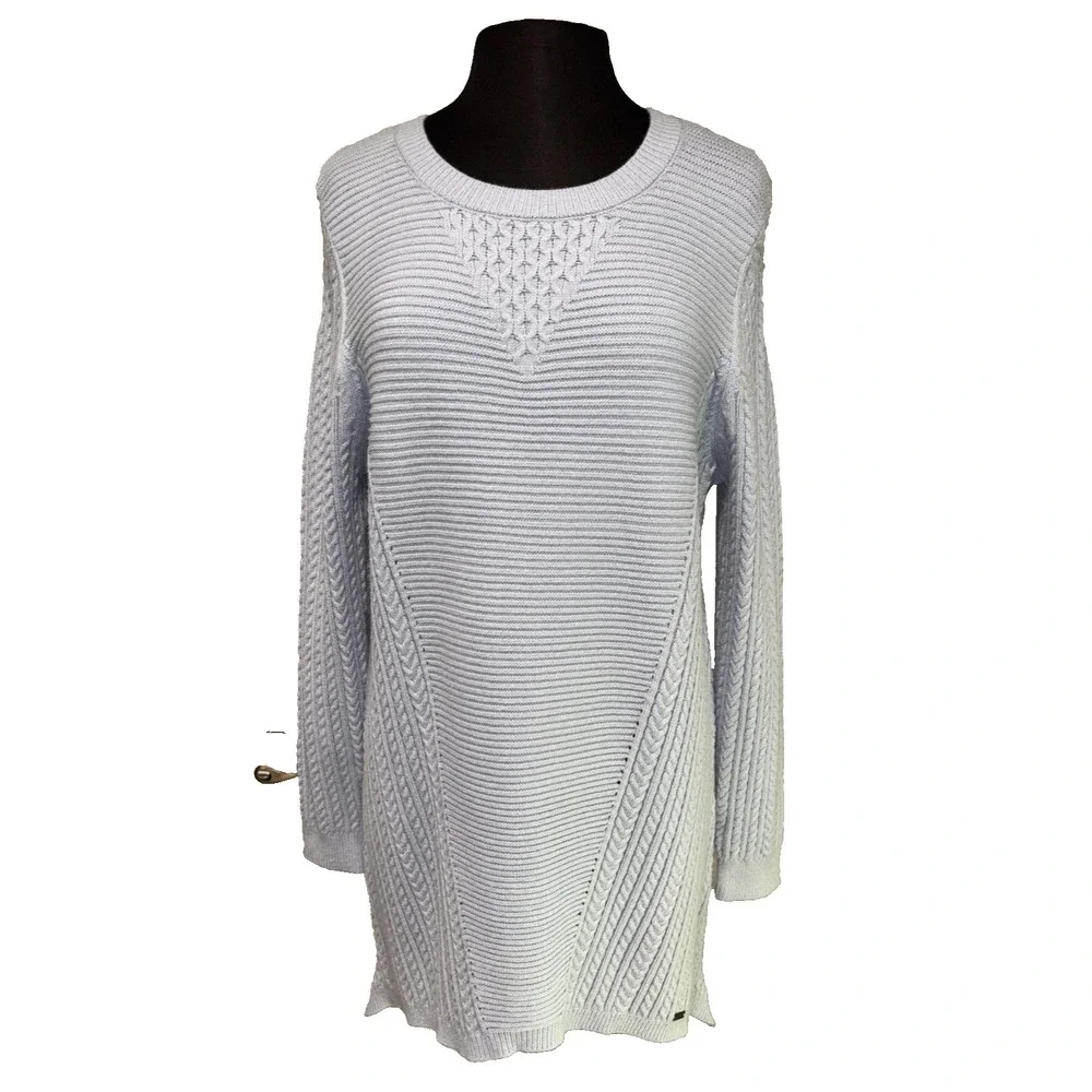 Cable Knit‎ Tunic Sweater by Picadilly Canada Size M Light Blue Asymmetrical NWT